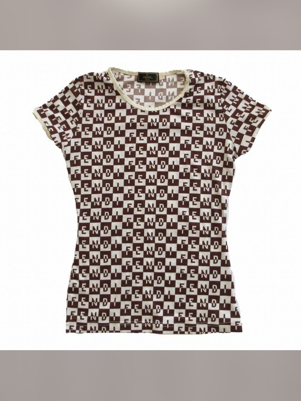 Fendi Brown and White Logo-Print Short Sleeve Top